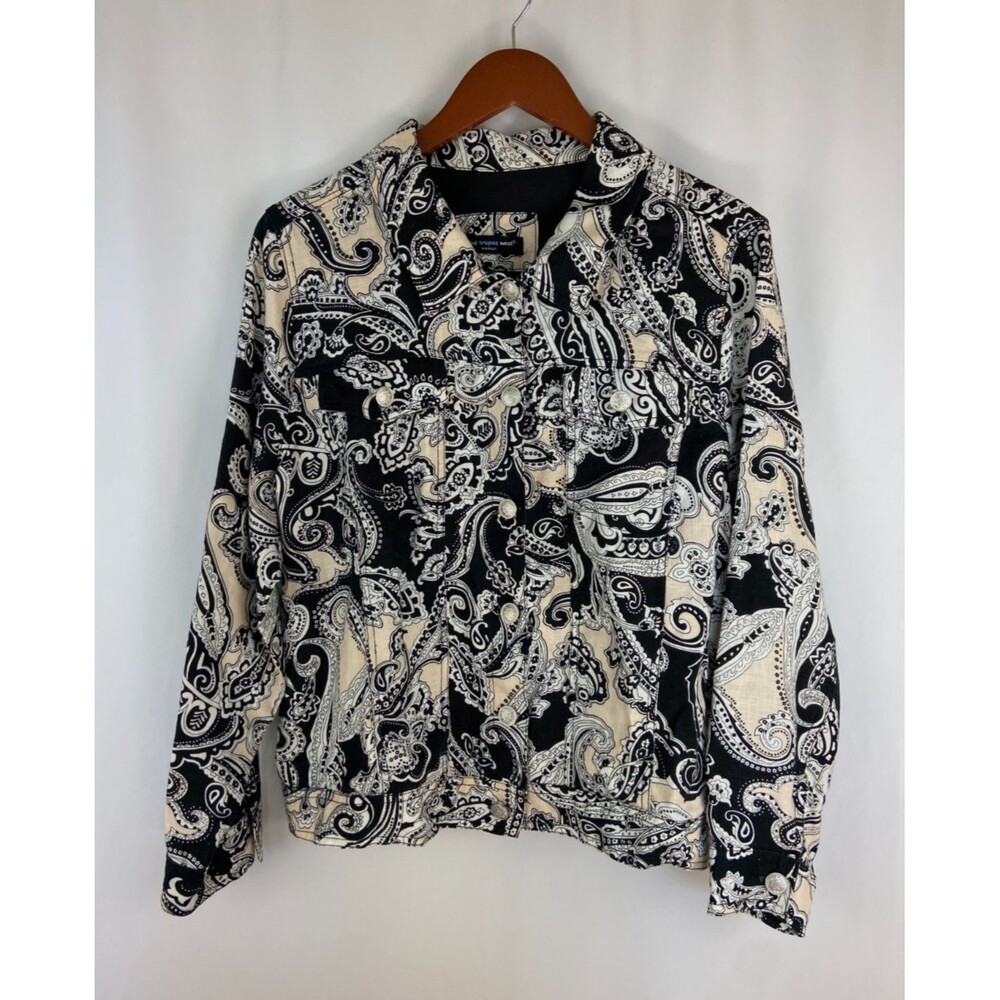 Saint Tropez West 100% Linen Jacket 1X Paisley Print Black White Lightweight